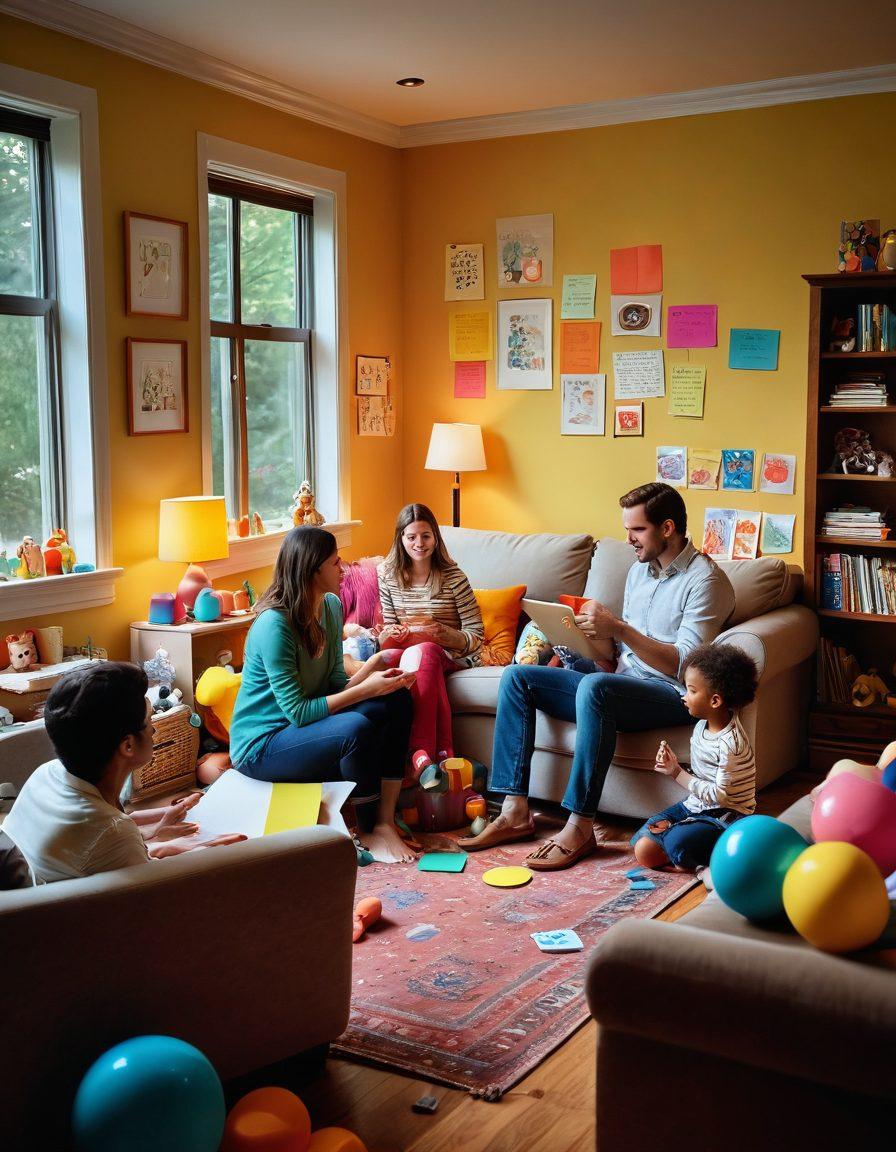 A serene family scene in a cozy living room, featuring parents juggling work and play with children, colorful toys scattered around, a warm ambiance with soft lighting, post-it notes with strategies and reminders on the walls. A sense of harmony and connection among family members is evident. vibrant colors. super-realistic.