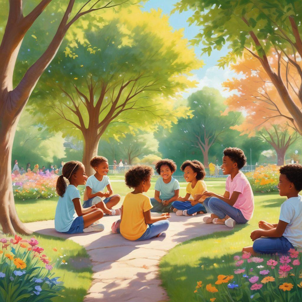 A warm and inviting scene of a diverse group of children playing together in a sunny park, showcasing friendship and cooperation. Include parents sitting nearby, engaging in supportive conversations, surrounded by nature with colorful flowers and trees. Emphasize joyful expressions and a sense of community. soft pastel colors. illustration.