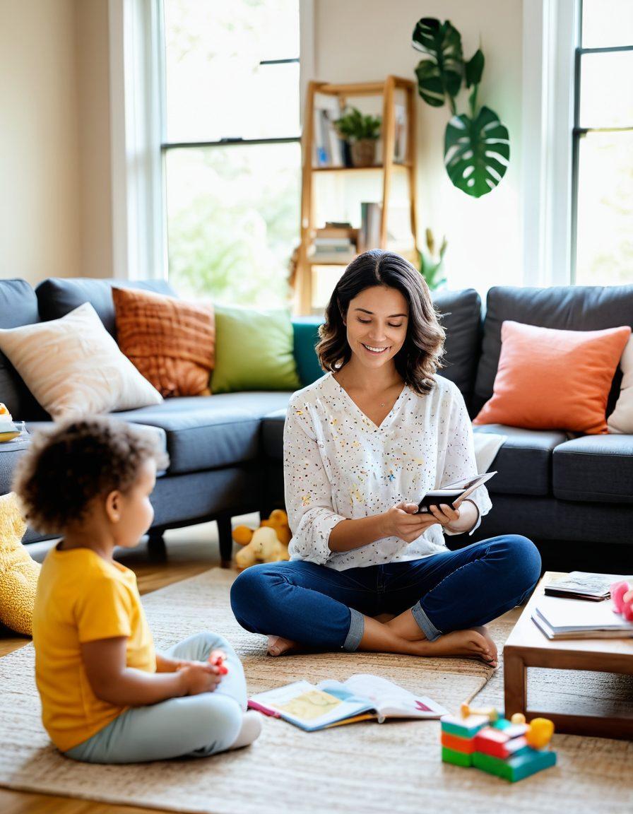 A warm and inviting scene of a modern mom multitasking, managing a playful toddler while on a video call with friends. The background showcases a cozy living room filled with colorful toys, books, and family pictures. Elements of organization, like a baby journal and a planner, are visible on a nearby coffee table. The atmosphere is light and cheerful, symbolizing the balance between responsibility and joy in parenthood. vibrant colors. soft focus.